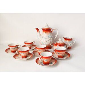 Vintage Moriage Dragon Ware Teapot Sugar Bowl Creamer 6 Demi Tasse Cups & Saucer